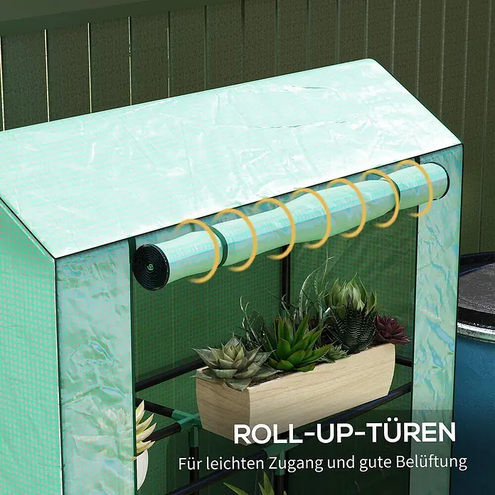 Outsunny Gewächshaus - 100 x 40 cm, Material Seitenwand: Kunststoff, 0,3 mm, Dunkelgrau - Helles, gittergemustertes Mini-Gewächshaus mit hochrollbarer Tür für einfachen Zugang und Belüftung, mit Topfsukkulenten.