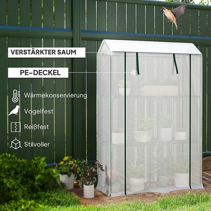 Outsunny Gewächshaus - 100 x 40 cm, Material Seitenwand: Kunststoff, 0,3 mm, Dunkelgrau - Kleines Gewächshaus mit transparenter PE-Folie, weißem Dach und grünem Rand, gefüllt mit Pflanzen.