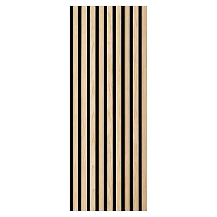 Akustikpaneel Acous Economico - Eiche Hellbraun /schwarzer Filz, 1.200 x 380 x 16,5 mm - Akustikplatte mit hellen Holzlamellen und schwarzen vertikalen Schlitzen.
