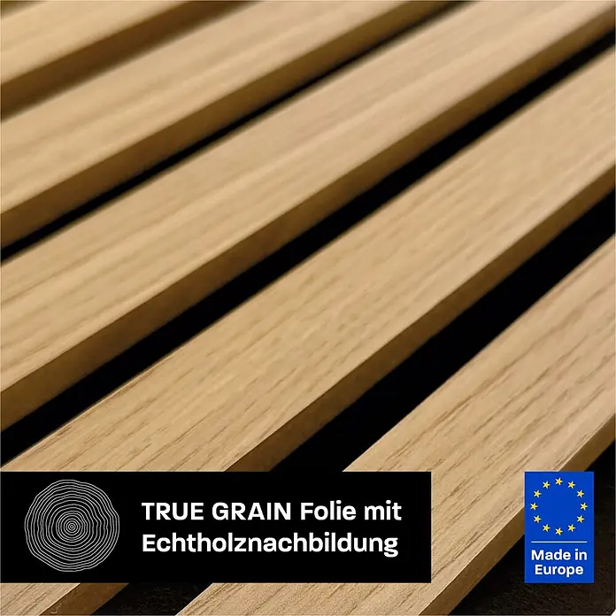 Akustikpaneel Acous Economico - Eiche Hellbraun /schwarzer Filz, 1.200 x 380 x 16,5 mm - Helle Holzoptik-Paneele mit TRUE GRAIN Echtholznachbildung Folie, Made in Europe.