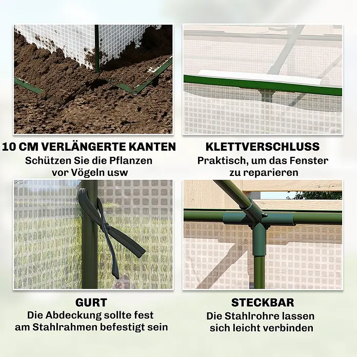 Outsunny Gewächshaus - Außenmaß inkl. Dachüberstand (B x T): 180 x 90 cm, Material Seitenwand: Kunststoff, 0,3 mm, Grün - Nahaufnahmen zeigen die erweiterten Kanten der Gewächshausabdeckung, Klettverschlussfenster, Befestigungsgurte und steckbaren grünen Stahlrahmen.