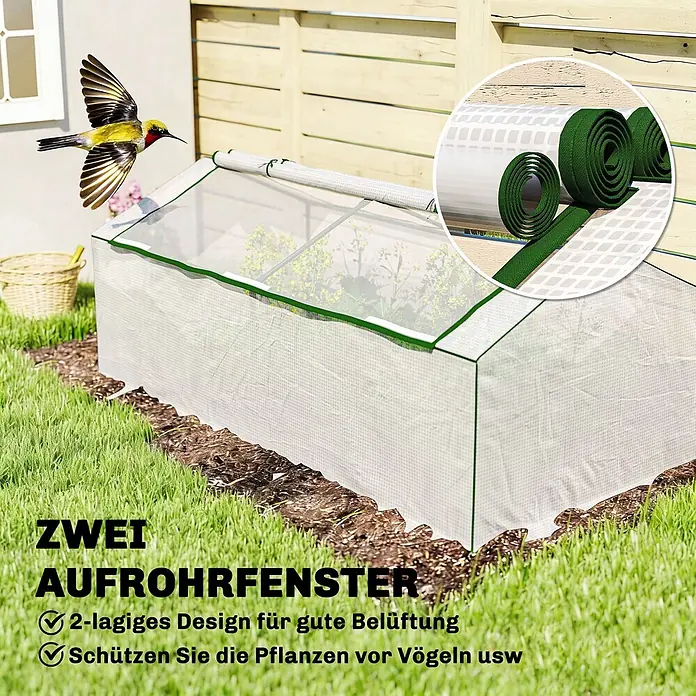 Outsunny Gewächshaus - Außenmaß inkl. Dachüberstand (B x T): 180 x 90 cm, Material Seitenwand: Kunststoff, 0,3 mm, Grün - Kleines weißes Gewächshaus mit grünem Rand auf Rasen, schützt Pflanzen. Mit zwei aufrollbaren Fenstern zur Belüftung.