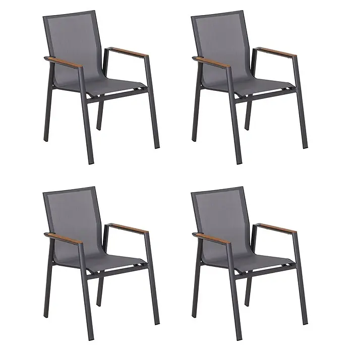 Acamp Stapelsessel Vegas - 4 Stk., Aluminium, Textil, Stapelbar, Anthrazit, B x T x H: 67 x 58 x 88 cm - Vier dunkelgraue Metallstühle mit grauer Netzbespannung und Holzarmlehnen.
