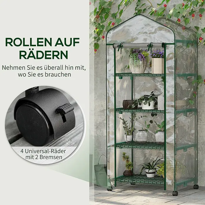 Outsunny Gewächshaus - 69 x 50 cm, Material Seitenwand: Kunststoff, 0,3 mm, Grün - Tragbares Gewächshaus mit grünem Rahmen und transparenter Abdeckung, ausgestattet mit Rollen und Bremsen.