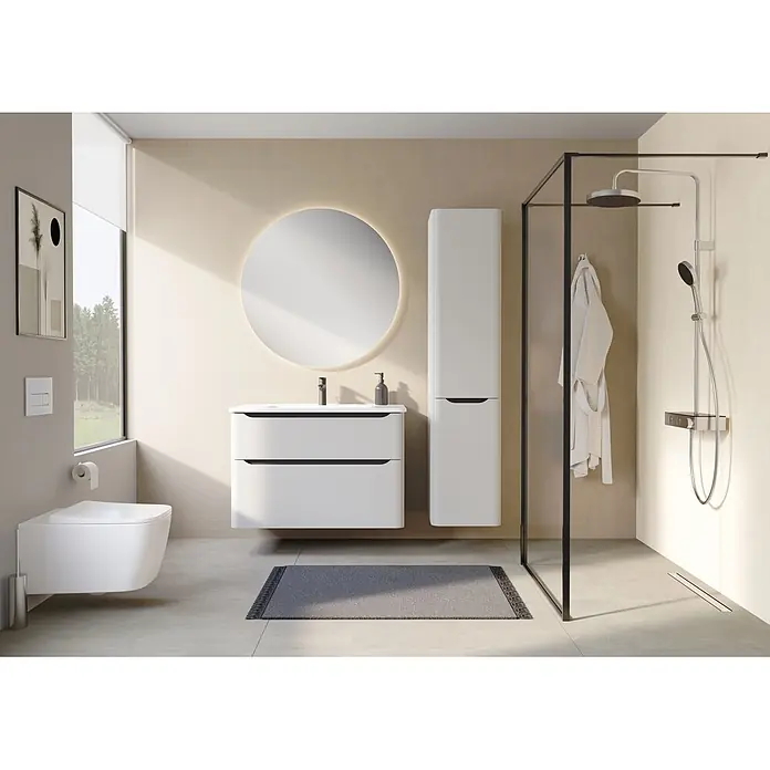 VitrA Integra Round Badmöbel-Set - Gesamtbreite Badmöbel: 100 cm, Hellgrau, Matt - Modernes Bad mit weißem Waschtisch, rundem beleuchtetem Spiegel, Glasdusche und Wand-WC.