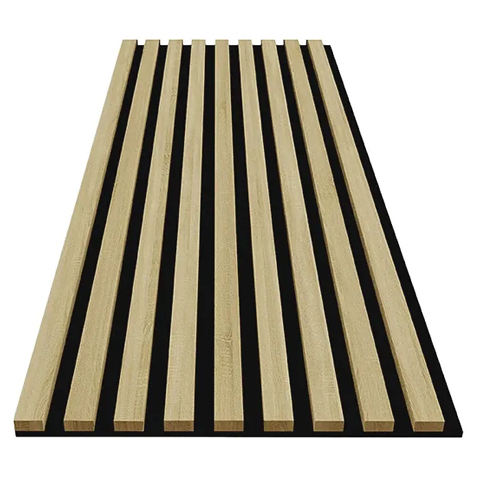 Akustikpaneel Acous Economico - Eiche Hellbraun /schwarzer Filz, 1.200 x 380 x 16,5 mm - Helle Holzlamellenpaneele auf schwarzem Filz.