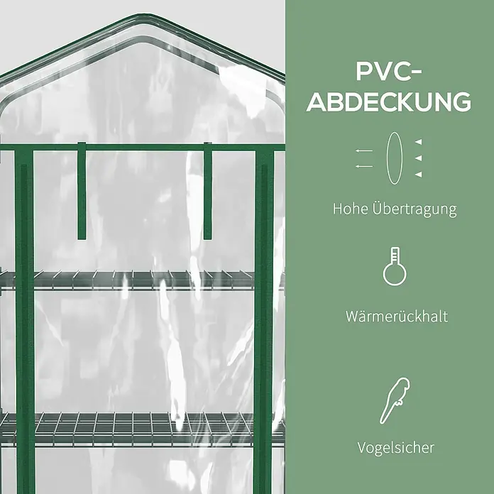 Outsunny Gewächshaus - 69 x 50 cm, Material Seitenwand: Kunststoff, 0,3 mm, Grün - Grünes Metallgewächshaus mit transparenter PVC-Abdeckung, betont hohe Lichtdurchlässigkeit, Wärmerückhalt und Vogelsicherheit.