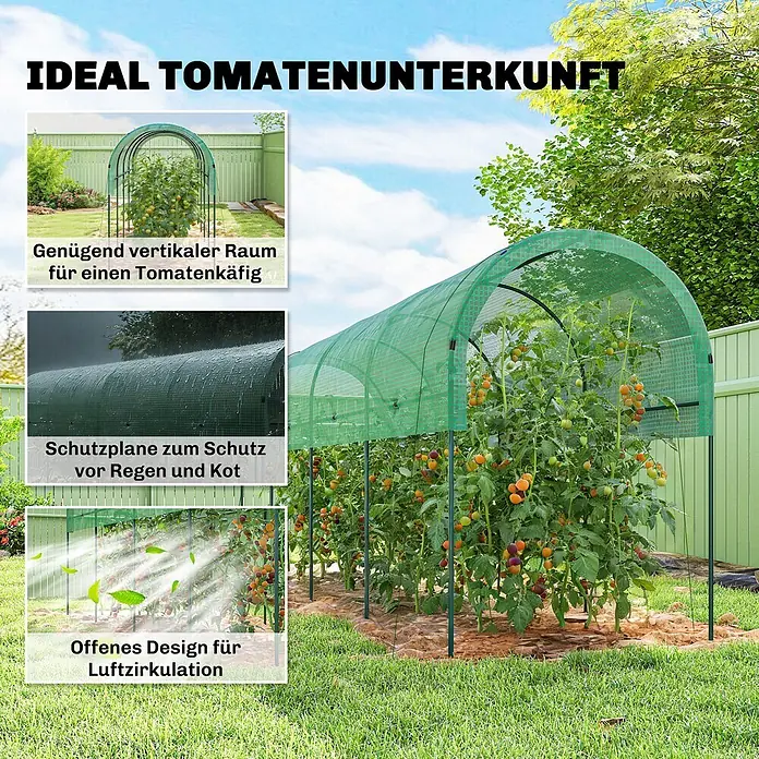 Furnicato Gewächshaus - 120 x 400 cm, Material Seitenwand: Edelstahl, 14 mm, grün - Grüner, halbkreisförmiger Tomatenschutz-Tunnel aus Netzgewebe, schützt Tomatenpflanzen im Garten. Bietet viel vertikalen Platz und Luftzirkulation.