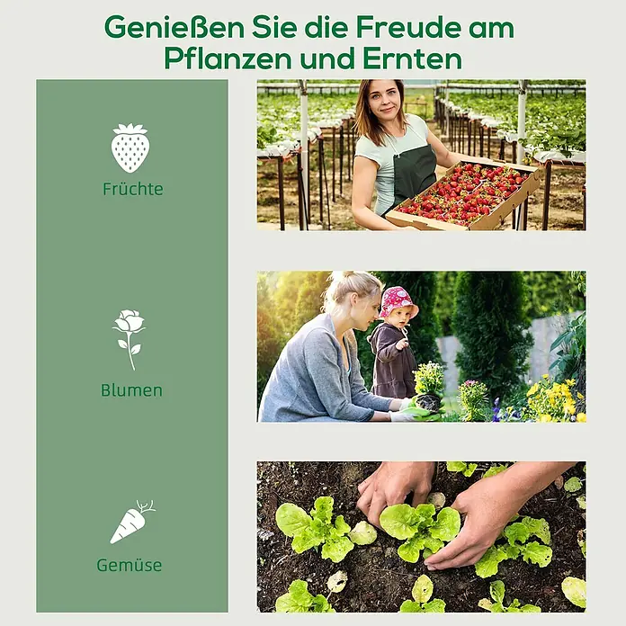 Outsunny Gewächshaus - 69 x 50 cm, Material Seitenwand: Kunststoff, 0,3 mm, Grün - Collage vom Gärtnern: Frau erntet Erdbeeren, Mutter und Kind pflanzen Blumen, Hände setzen Salat. Zeigt die Freude am Pflanzen und Ernten.