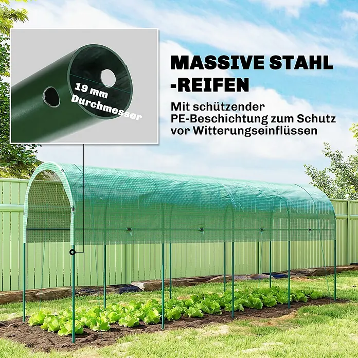Furnicato Gewächshaus - 120 x 400 cm, Material Seitenwand: Edelstahl, 14 mm, grün - Grüner Gewächshaustunnel mit 19 mm PE-beschichteten Stahlrohren schützt Pflanzen im Garten.
