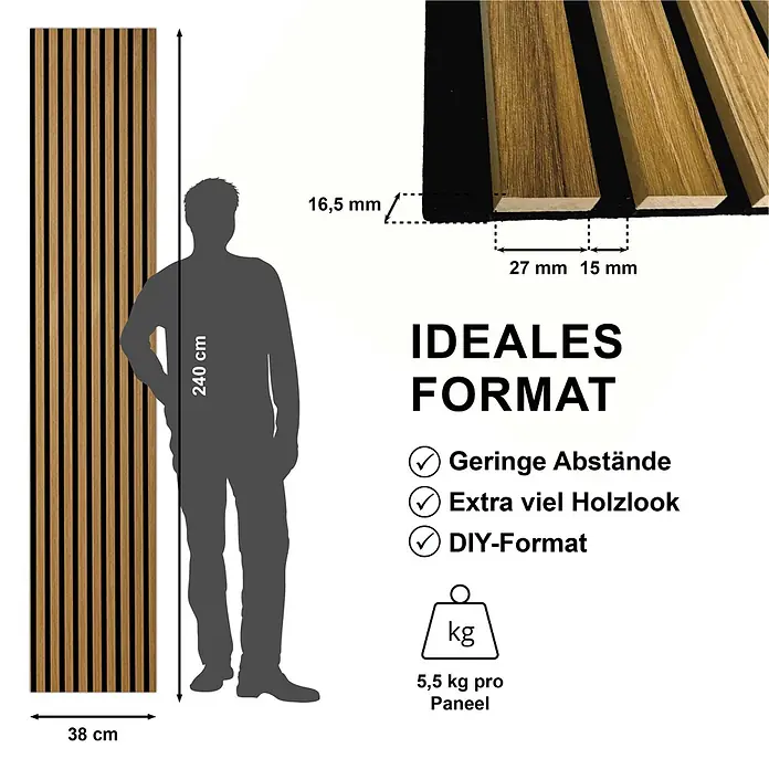 acous Akustikpaneel Economico - Eiche rustikal / schwarzer Filz, 2.400 x 380 x 16,5 mm - Braunes Wandpaneel in Holzoptik, 240x38 cm, mit 27mm Lamellen und 15mm Lücken, 16.5mm dick. DIY-Format.