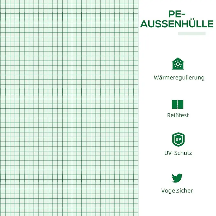 Furnicato Gewächshaus - 60 x 180 cm, Material Seitenwand: Stahl, 14 mm, Grün - PE-Außenhülle mit Funktionen: Wärmeregulierung, reißfest, UV-Schutz und vogelsicher, dargestellt mit grünen Symbolen.