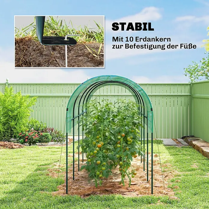 Furnicato Gewächshaus - 120 x 400 cm, Material Seitenwand: Edelstahl, 14 mm, grün - Grüner Gartentunnel mit 10 Erdankern schützt Tomatenpflanzen im Garten und sorgt für Stabilität.