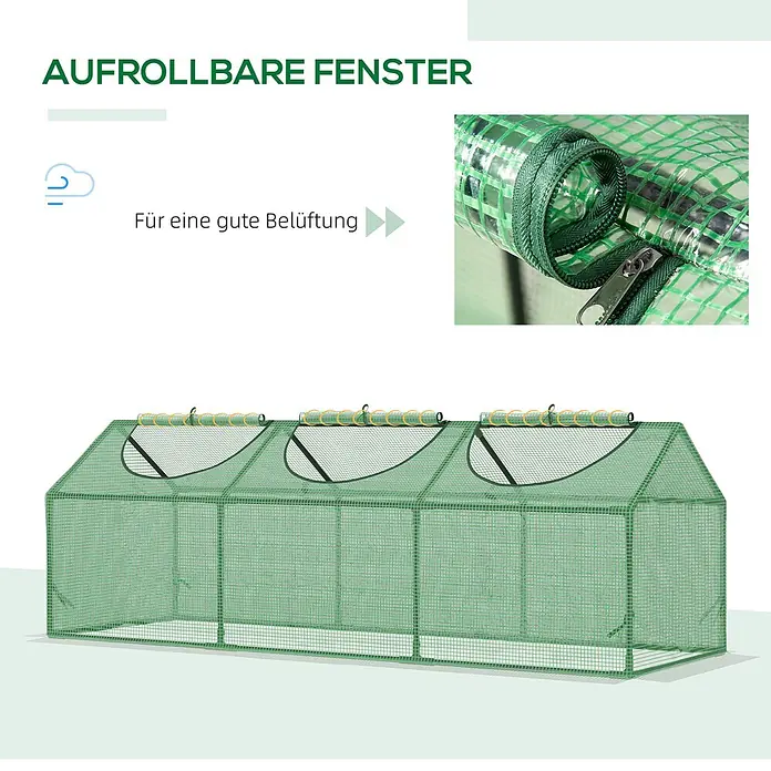Furnicato Gewächshaus - 60 x 180 cm, Material Seitenwand: Stahl, 14 mm, Grün - Grünes Gewächshaus mit aufrollbaren Fenstern, zeigt klare Abdeckung und Reißverschlussdetail. Für gute Belüftung.