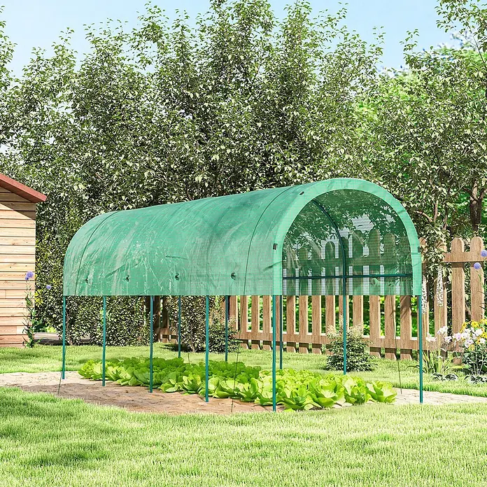 Furnicato Gewächshaus - 120 x 400 cm, Material Seitenwand: Edelstahl, 14 mm, grün - Grünes Maschen-Tunnelgewächshaus schützt Salatpflanzen in einem sonnigen Garten.