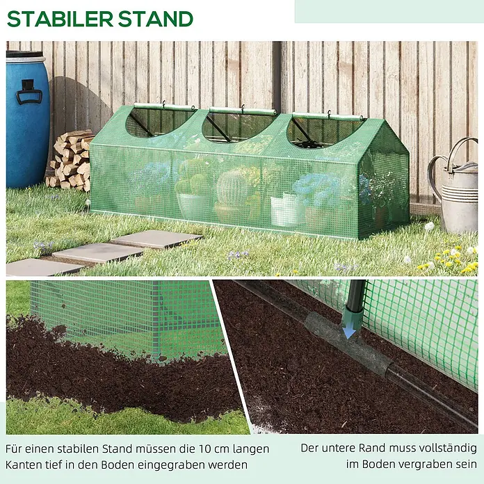 Furnicato Gewächshaus - 60 x 180 cm, Material Seitenwand: Stahl, 14 mm, Grün - Grünes Frühbeet im Garten, dessen Unterkante zur Stabilität im Boden vergraben ist.