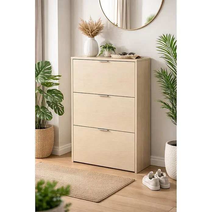 Zapatero Trine - L x An x Al: 22 x 60 x 113 cm, Natural - Zapatero de madera clara con tres compartimentos abatibles y tiradores plateados, ideal para la entrada.