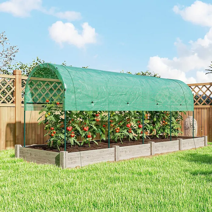 Furnicato Gewächshaus - 120 x 400 cm, Material Seitenwand: Edelstahl, 14 mm, grün - Holz-Hochbeet mit grünem Mini-Gewächshaus schützt Tomatenpflanzen in einem sonnigen Garten.