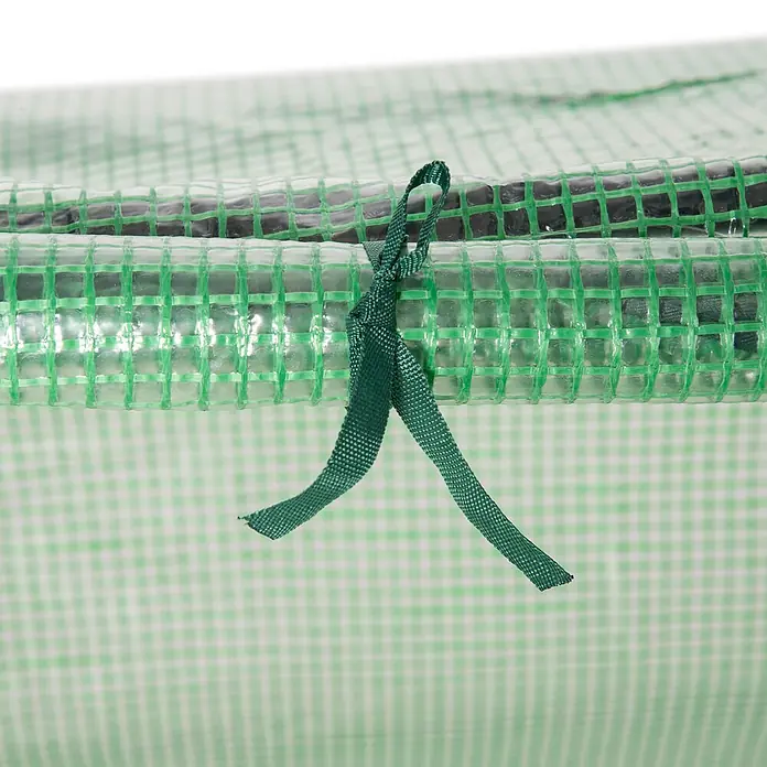 Furnicato Gewächshaus - 60 x 180 cm, Material Seitenwand: Stahl, 14 mm, Grün - Gerollte transparente Gewächshausabdeckung mit grünem Gitter, mit dunkelgrünem Band befestigt.