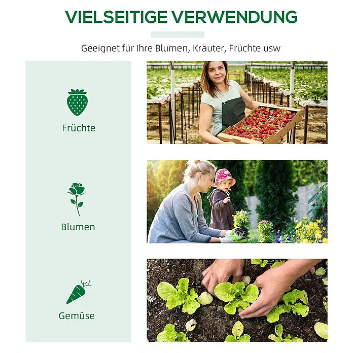 Furnicato Gewächshaus - 60 x 180 cm, Material Seitenwand: Stahl, 14 mm, Grün - Grafik zeigt vielseitige Gartennutzung: Frau mit Erdbeeren, Eltern-Kind-Blumen pflanzen, Hände beim Gemüsepflanzen.