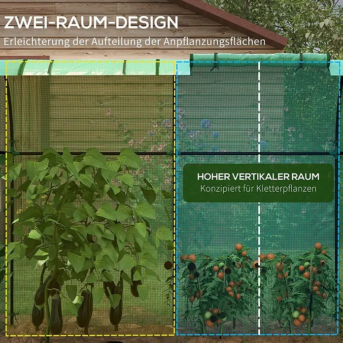 Outsunny Gewächshaus - 185 x 94 cm, Material Seitenwand: Kunststoff, 0,3 mm, Grün - Ein grünes Zwei-Zonen-Gewächshaus mit Auberginen in einem Bereich und Klettertomaten im anderen, betont flexible Bepflanzung.