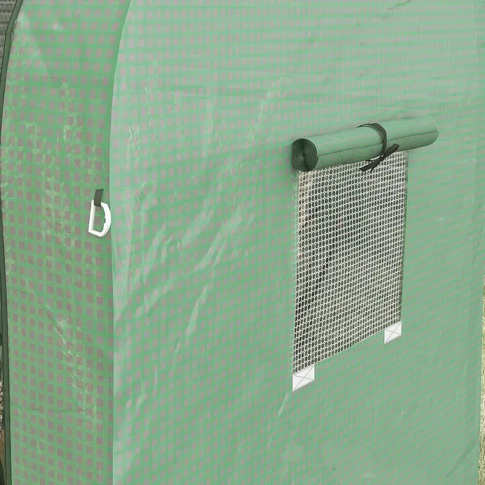 Outsunny Gewächshaus - 185 x 94 cm, Material Seitenwand: Kunststoff, 0,3 mm, Grün - Seite eines grünen, gerasterten Gewächshauses mit aufgerolltem Fensterverschluss über einem Netzfenster und einem weißen D-Ring.