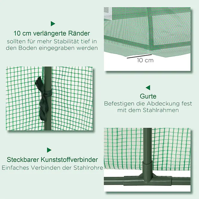Furnicato Gewächshaus - 80 x 300 cm, Material Seitenwand: Kunststoff, 14 mm, Grün - Gewächshaus-Merkmale: 10cm Ränder zum Eingraben, Gurte für Abdeckung, Kunststoffverbinder für Stahlrahmen.