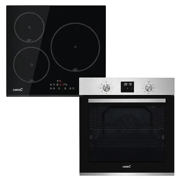 Cata Set de horno y zona de cocción MDS8007C - Volumen horno: 80 l, Negro y Inox - Placa de inducción negra cataC con tres zonas de cocción y horno empotrado negro a juego con panel de control plateado, mostrando 20:19.