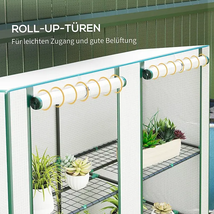 Outsunny Gewächshaus - 144 x 48 cm, Material Seitenwand: Kunststoff, 0,3 mm, Grün - Kleines Gewächshaus mit grünem Rahmen und transparenten Roll-up-Türen, mit Pflanzen darin. Bietet einfachen Zugang und Belüftung.