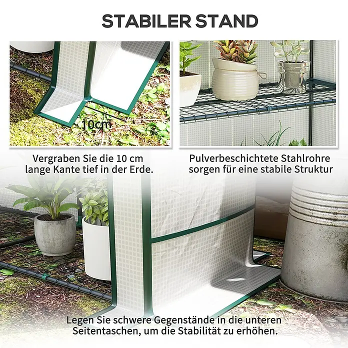 Outsunny Gewächshaus - 144 x 48 cm, Material Seitenwand: Kunststoff, 0,3 mm, Grün - Pulverbeschichteter Stahlrahmen und Bodenanker sorgen für Stabilität. Das Gewächshaus hat auch Taschen für zusätzliche Gewichte.