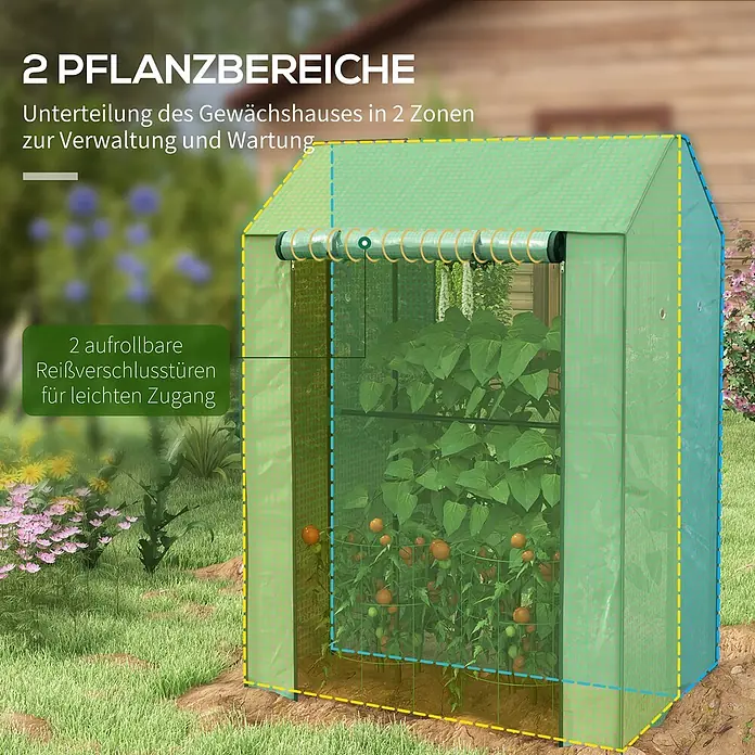 Outsunny Gewächshaus - Außenmaß inkl. Dachüberstand (B x T): 100 x 80 cm, Material Seitenwand: Kunststoff, 0,3 mm, Grün - Grünes, transparentes Gewächshaus mit 2 Pflanzbereichen und 2 aufrollbaren Reißverschlusstüren.