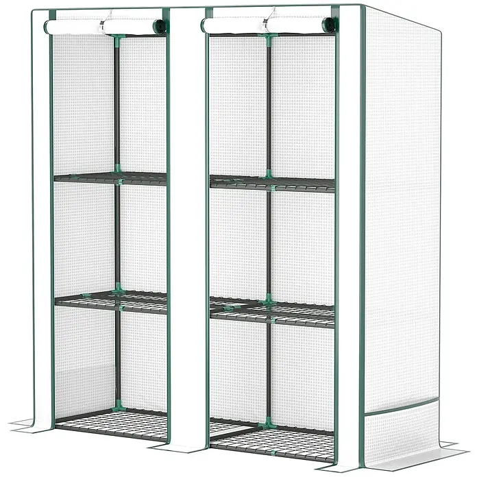 Furnicato Gewächshaus - Außenmaß inkl. Dachüberstand (B x T): 48 x 144 cm, Material Seitenwand: Kunststoff, 14 mm, weiß - Zweitüriges tragbares Gewächshaus mit grünem Rahmen, transparenter Netzabdeckung und mehreren schwarzen Drahtregalen.