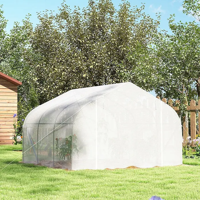 Furnicato Gewächshaus - 300 x 445 cm, Material Seitenwand: Metall, 14 mm, weiß - Weißes, transluzentes Tunnelgewächshaus im Garten, das Pflanzen schützt.