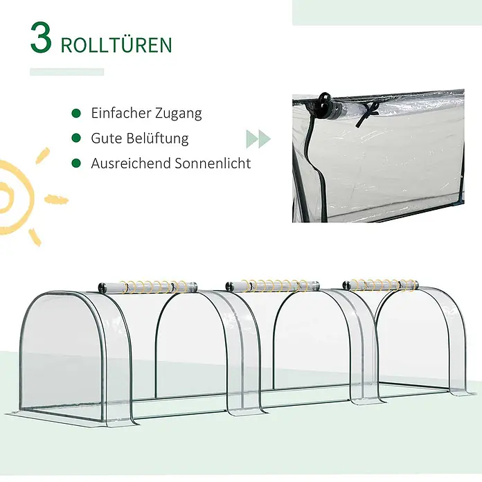 Outsunny Gewächshaus - 350 x 100 cm, Material Seitenwand: Kunststoff, 0,3 mm, Grün - Transparentes, bogenförmiges Mini-Gewächshaus mit dunkelgrünen Rahmen und mehreren aufrollbaren Abschnitten für einfachen Zugang und Belüftung.