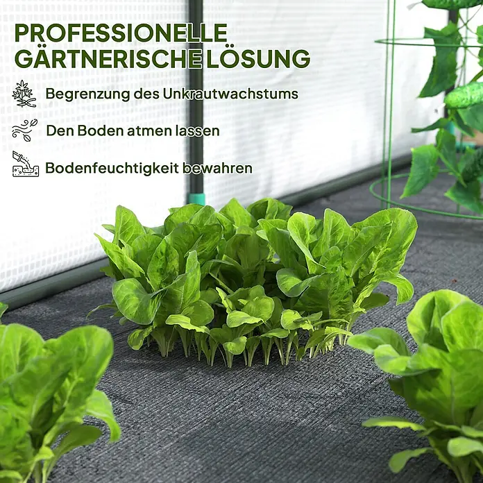 Outsunny Gewächshaus - 200 x 80 cm, Material Seitenwand: Kunststoff, 0,3 mm, Dunkelgrau - Dunkelgraues Unkrautvlies mit grünen Pflanzen, als professionelle Gartenlösung gegen Unkraut, für atmenden Boden und Feuchtigkeitsspeicherung.