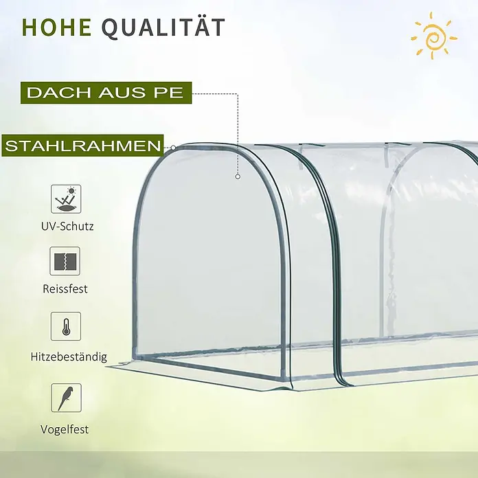 Furnicato Gewächshaus - 100 x 350 cm, Material Seitenwand: Stahl, 14 mm, Grau - Gewölbtes, transparentes PE-Gewächshaus mit Stahlrahmen, bietet UV-, Reiß-, Hitze- und Vogelschutz.