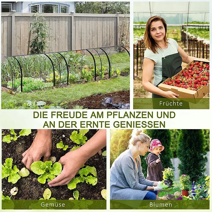 Outsunny Gewächshaus - 350 x 100 cm, Material Seitenwand: Kunststoff, 0,3 mm, Grün - Gartenszenen mit klarem Pflanztunnel, die die Freude am Pflanzen von Gemüse und Blumen sowie am Ernten von Früchten zeigen.