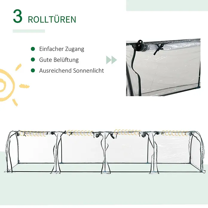 Outsunny Gewächshaus - 395 x 100 cm, Material Seitenwand: Kunststoff, 0,3 mm, Grün - Transparenter Folientunnel mit dunkelgrünem Rahmen und gelben Schlaufen, mit 3 Rolltüren für Zugang, Belüftung und Sonnenlicht.