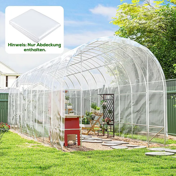 Furnicato Gewächshaus - 1.000 x 1.000 cm, Material Seitenwand: Kunststoff, 14 mm, silber - Weiße Faltabdeckung für ein großes Tunnelgewächshaus.