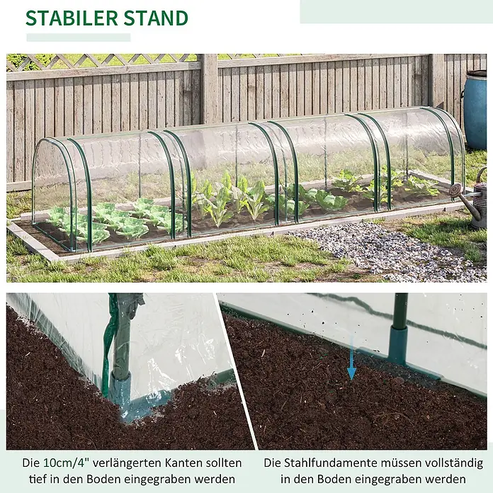 Outsunny Gewächshaus - 395 x 100 cm, Material Seitenwand: Kunststoff, 0,3 mm, Grün - Tunnel-Gewächshaus mit transparenter Abdeckung und grünem Rahmen über Gartenpflanzen. Detailansichten zeigen die Verankerung in der Erde für Stabilität.