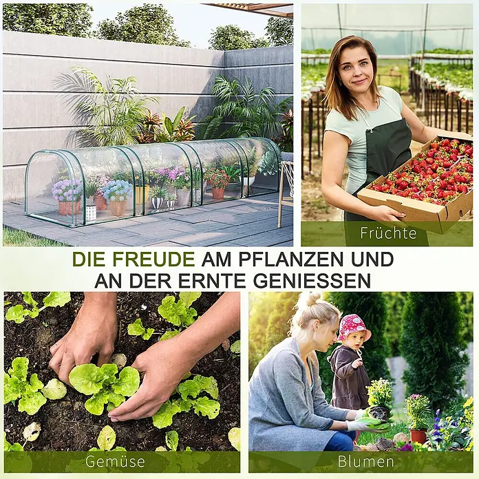 Outsunny Gewächshaus - 395 x 100 cm, Material Seitenwand: Kunststoff, 0,3 mm, Grün - Klarer Folientunnel mit grünem Rahmen, schützt Topfpflanzen auf einer Terrasse. Ideal zur Verlängerung der Wachstumsperiode.