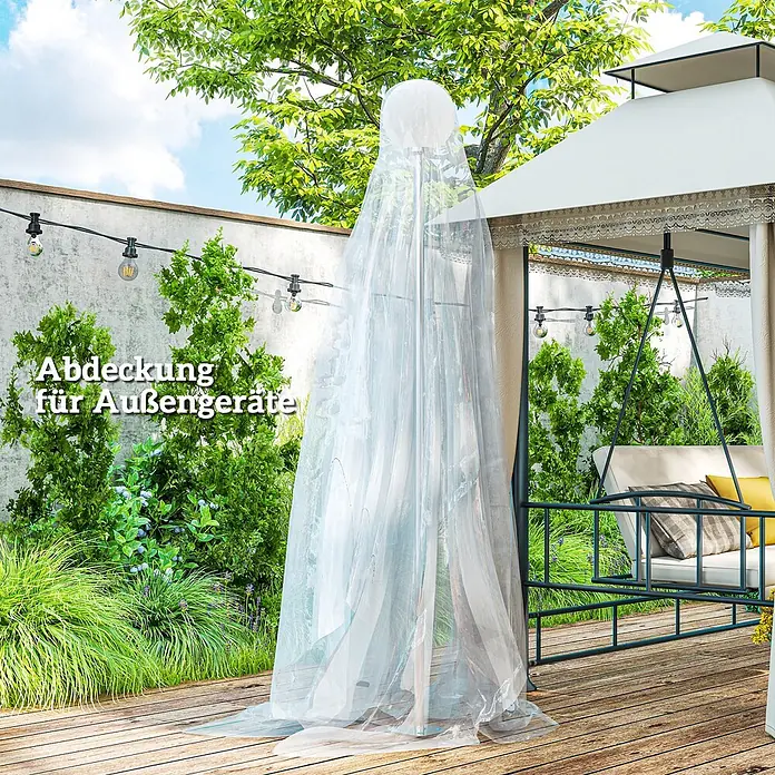 Furnicato Gewächshaus - 1.000 x 1.000 cm, Material Seitenwand: Kunststoff, 14 mm, silber - Transparente Abdeckung für Außengeräte, über einer Terrassenleuchte drapiert.