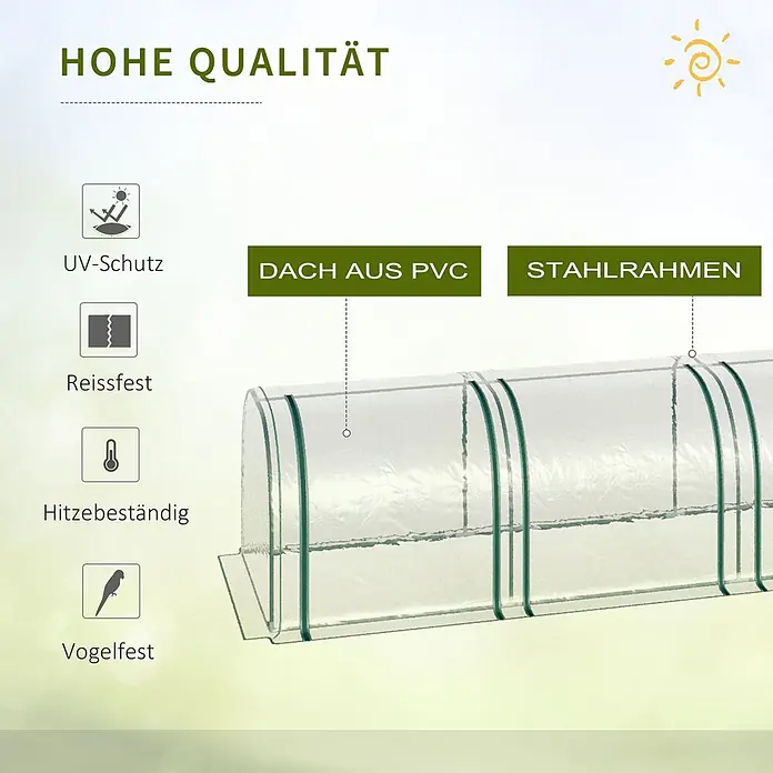 Outsunny Gewächshaus - 395 x 100 cm, Material Seitenwand: Kunststoff, 0,3 mm, Grün - Transparentes Mini-Gewächshaus mit grünem Stahlrahmen und PVC-Dach, UV-geschützt, reißfest, hitzebeständig und vogelfest.