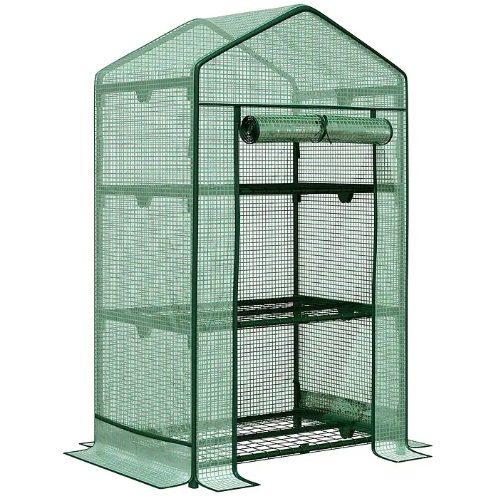 Furnicato Gewächshaus PE-Kunststoff - 49 x 69 cm, Material Seitenwand: Metall, 14 mm, Grün - Grünes begehbares Gewächshaus mit transparenter Gitterhülle, mehreren Regalen und aufrollbarer Front.