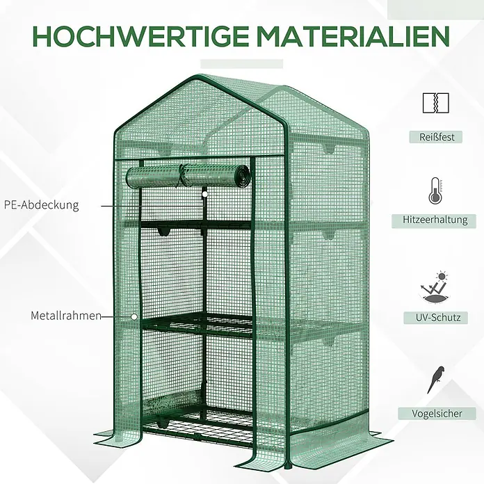 Furnicato Gewächshaus PE-Kunststoff - 49 x 69 cm, Material Seitenwand: Metall, 14 mm, Grün - Grünes begehbares Gewächshaus mit PE-Abdeckung, Metallrahmen und mehreren Regalen.