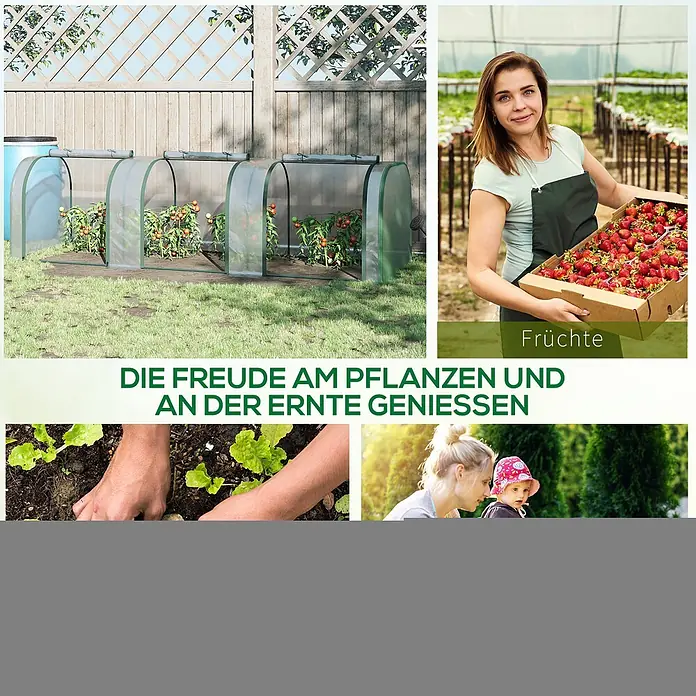 Furnicato Gewächshaus - 100 x 295 cm, Material Seitenwand: Stahl, 14 mm, Grün - Collage: Mini-Gewächshäuser, Frau mit Erdbeeren, Hände beim Pflanzen, Mutter mit Kind, und deutscher Text über Gartenfreude.