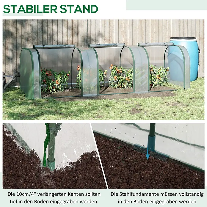 Furnicato Gewächshaus - 100 x 295 cm, Material Seitenwand: Stahl, 14 mm, Grün - Drei grüne Mini-Gewächshäuser in einem Garten mit Tomatenpflanzen. Nahaufnahmen zeigen das Eingraben der 10cm Kanten und Stahlfundamente für stabilen Halt.
