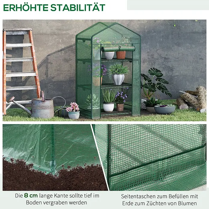 Furnicato Gewächshaus PE-Kunststoff - 49 x 69 cm, Material Seitenwand: Metall, 14 mm, Grün - Grünes Minigewächshaus mit Pflanzen. Zeigt 8cm Erdklappe und Seitentaschen für Stabilität und Kultivierung.