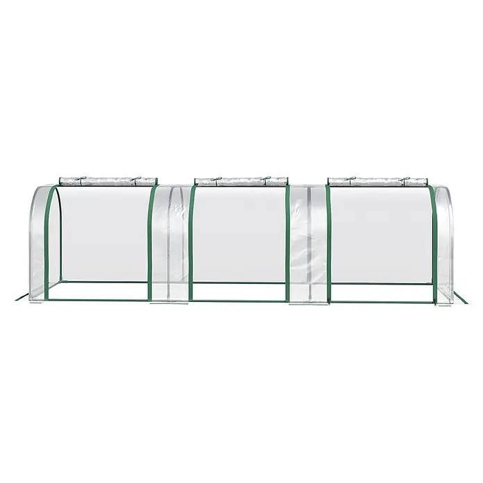 Outsunny Gewächshaus - 295 x 100 cm, Material Seitenwand: Kunststoff, 0,3 mm, Grün - Dreiteiliges transparentes Gewächshaus mit grünem Rahmen und aufrollbaren Oberseiten zur Belüftung.