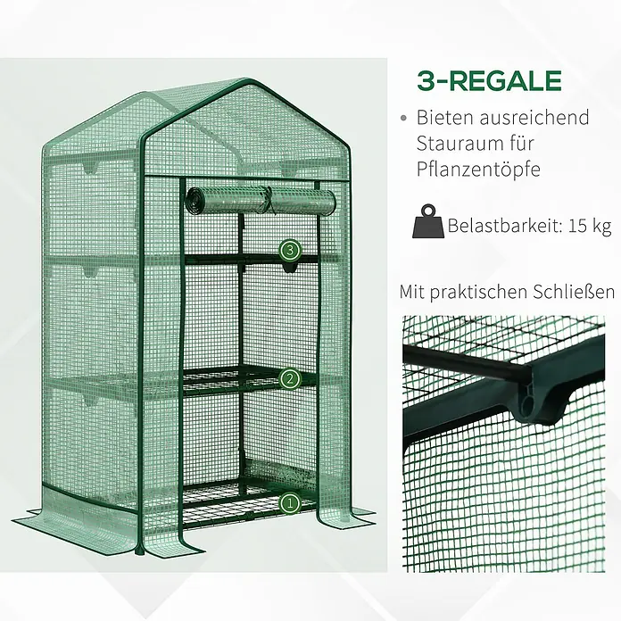 Furnicato Gewächshaus PE-Kunststoff - 49 x 69 cm, Material Seitenwand: Metall, 14 mm, Grün - Grünfarbenes Mini-Gewächshaus mit 3 Regalen für Pflanztöpfe und praktischen Verschlüssen.
